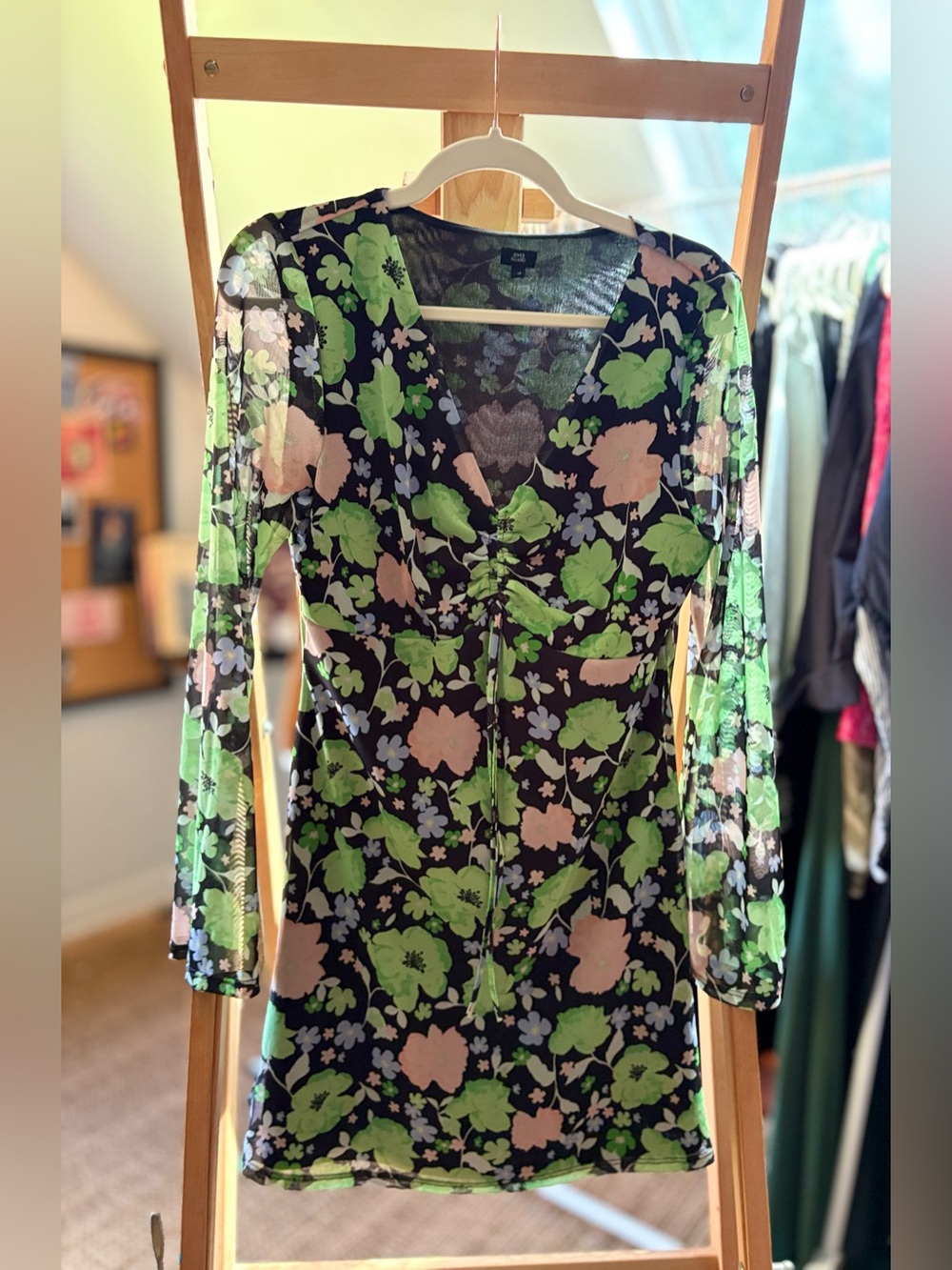 River Island Fitted Floral Long-Sleeve Mini Dress | size 12